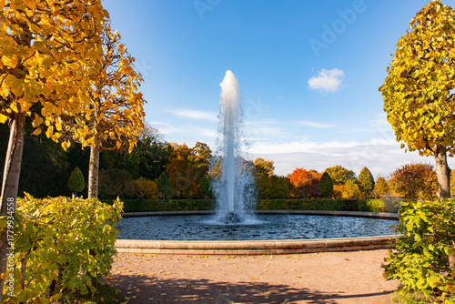 Autumn park with fountains . Sunny autumn park. Landscape. High quality photo