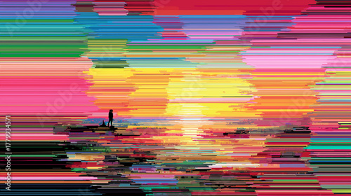 Abstract sunset landscape with vibrant colors and distorted lines  