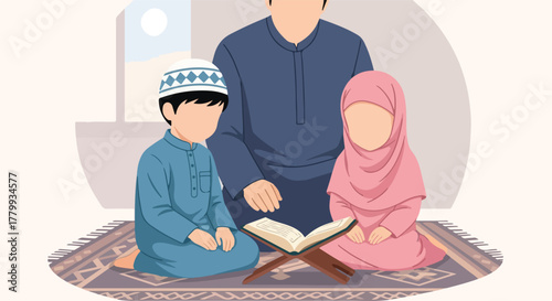 A Muslim man teaching two children, a boy and a girl, to read the Quran on a prayer mat, symbolizing Islamic education and family values.