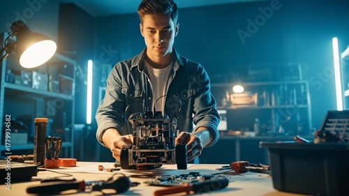 Young Engineer Assembling a Complex Electronic Device in a Modern Workshop.