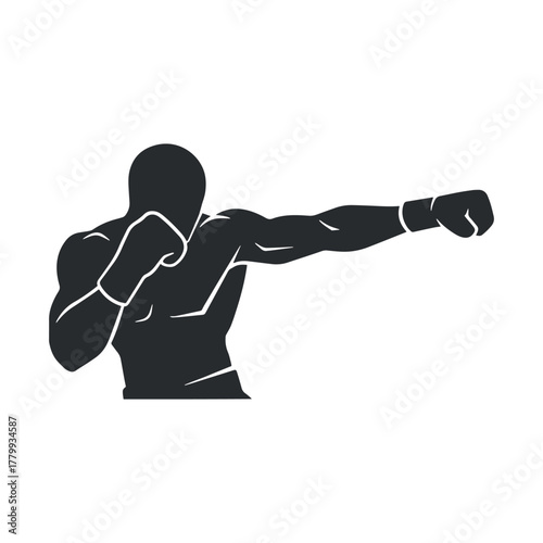 Silhouette of a boxer in a defensive stance, throwing a powerful punch with boxing gloves vector illustration