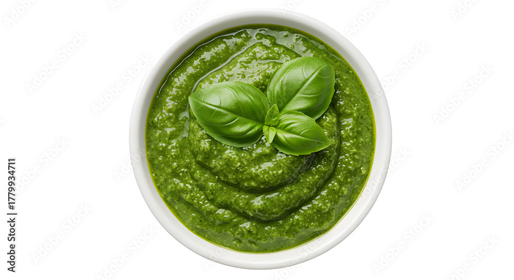 Obraz premium Vibrant Pesto Sauce in White Bowl Topped with Fresh Basil Leaves
