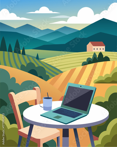 A laptop sitting on a bistro table providing a breathtaking view of a vineyard terrace and its surrounding hills.. Vector illustration