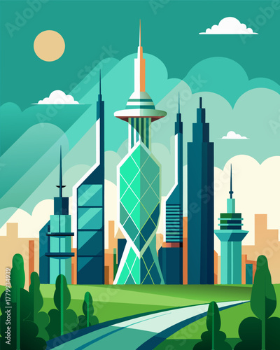 A futuristic cityscape featuring towering structures their clean modern design incorporating green walls with solar panels integrated into the structure.. Vector illustration