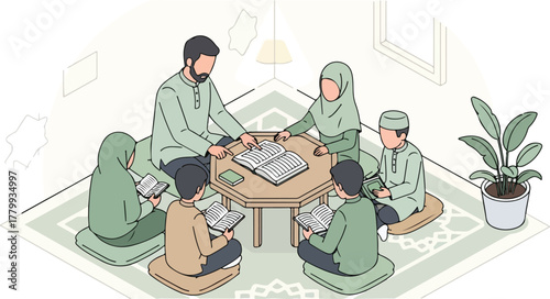 A Muslim family reading the Quran together at home, illustrating religious education and family bonding.
