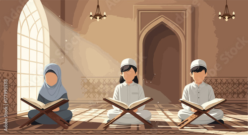 Three Muslim children reading Quran in a mosque with sunlight streaming through window.