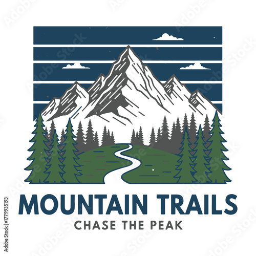 A majestic mountain range with a winding trail and pine forest, a vintage adventure badge design vector illustration.