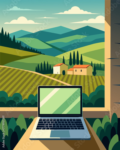 A modern laptop positioned on a balcony surrounded by lush green vineyards and rolling hills of a Tuscan landscape.. Vector illustration