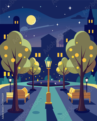 A city square is brought to life at night with the help of solarpowered lights illuminating the trees creating a cozy and inviting space for locals to gather.. Vector illustration