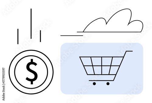 Dollar sign and shopping cart represent online shopping and monetary investment. Ideal for e-commerce, finance, trade, online marketplace, digital economy, business growth, marketing ecosystem in