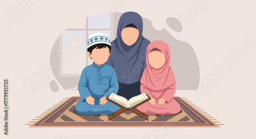 Muslim mother and two children studying Quran together on a prayer mat.
