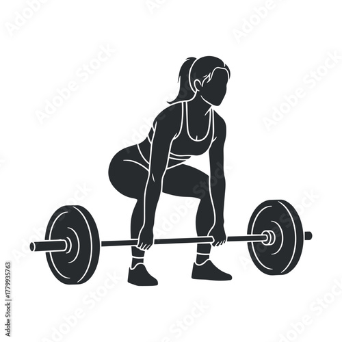 A strong woman in silhouette form performs a heavy deadlift with a barbell, showcasing power and fitness vector illustration.