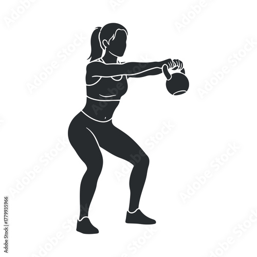 A silhouette of a fit woman in a deep squat position, performing a kettlebell swing exercise for training vector illustration.