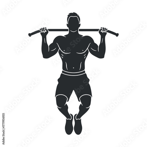 The muscular back of a man is shown in silhouette as he performs a pull-up on a horizontal bar vector illustration.