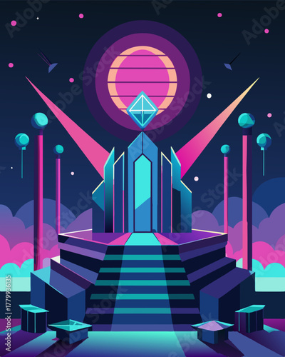 A futuristic art installation using the latest solar technology to power a mesmerizing light show and display thoughtprovoking digital art.. Vector illustration