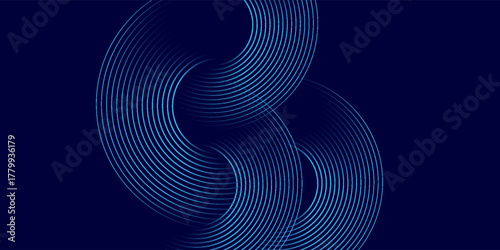 Blue abstract background with glowing circles. Swirl circular lines pattern. Geometric spiral. Twirl element. Modern graphic design. Futuristic technology concept. Vector illustration
