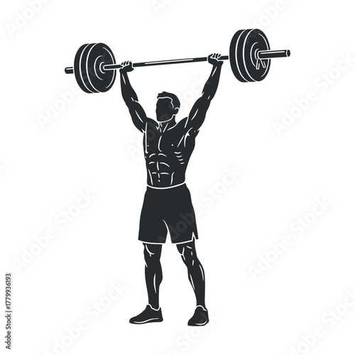 A powerful weightlifter with a muscular physique is lifting a heavy barbell straight overhead vector illustration.