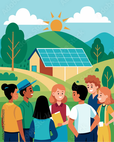 A group of students on a field trip learn about the benefits of solar energy as they tour a farm using solar panels to power their operations.. Vector illustration