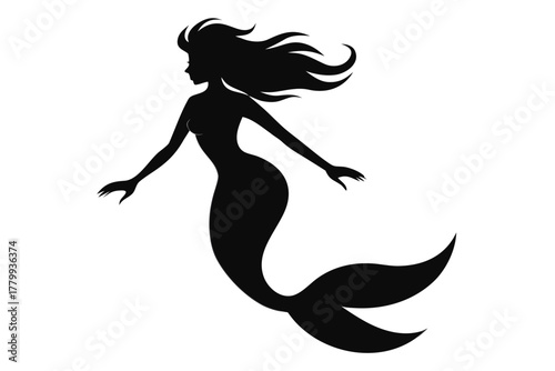 Mermaid silhouette vector,mermaid tail, shells and starfish black symbol 