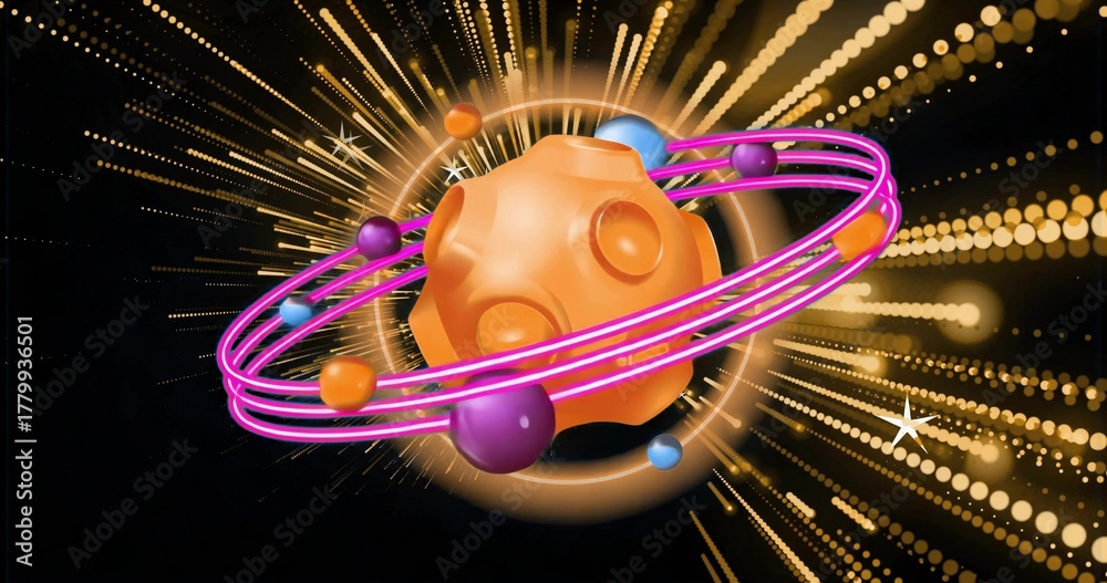 Fototapeta premium Floating orange sphere with pink rings and orbiting orbs in space radiating golden dotted particles
