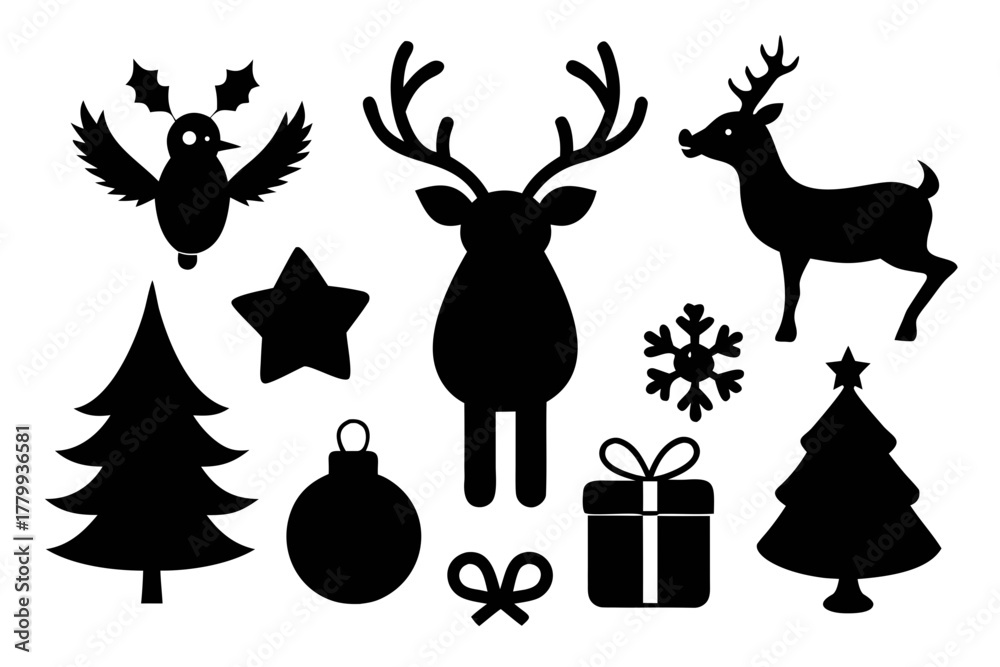 Fototapeta premium Deer with pine trees and forest scenery and ball silhouette vector, bird and star white background