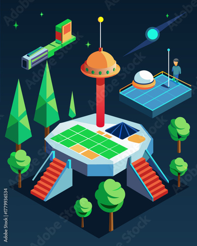 A hightech laser tag arena powered by solar energy offering an immersive and sustainable experience for players.. Vector illustration