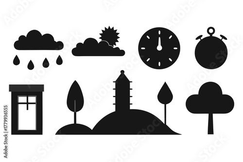 Deer with pine trees and forest scenery and ball silhouette vector, bird and star white background