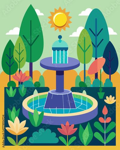 A botanical garden with a cascading solarpowered water fountain providing a beautiful sensory experience for visitors while also being energy efficient.. Vector illustration
