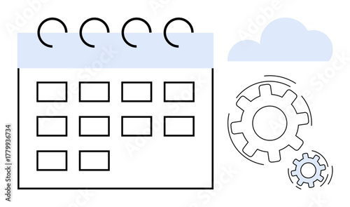 Calendar with grid and spiral binding alongside spinning gears and cloud. Ideal for planning, scheduling, automation, optimization, organization, productivity, management. Simple flat metaphor