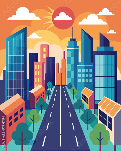 A busy city street lined with tall buildings each with a unique array of solar panels on their roofs.. Vector illustration