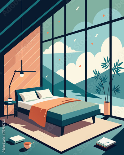 A cozy bed surrounded by floortoceiling windows providing inspiration and natural light for creative work.. Vector illustration