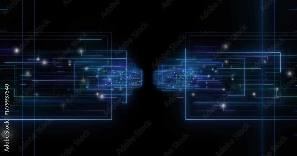 Obraz premium Pulsing mirrored circuit clusters moving toward center in digital void, with neon frames and dots
