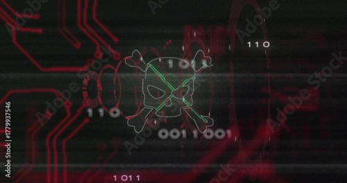 Displaying centered skull-and-crossbones pulsing on corrupt screen, showing neon green X and binary