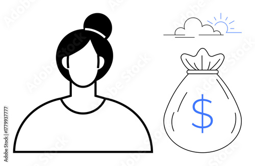 Female figure with bun hairstyle next to a money sack marked with a dollar sign and a simple sun-and-cloud graphic. Ideal for finance, savings, investment, payroll, economy, budgeting, income