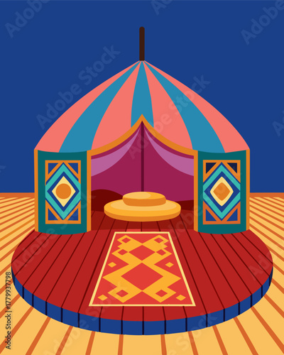 A brightly colored rug covers the smooth wooden floors adding a dash of bohemian charm to the yurts sleek and modern aesthetic.. Vector illustration