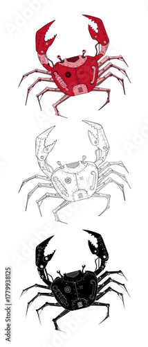 Red mechanical crab illustration in three variations