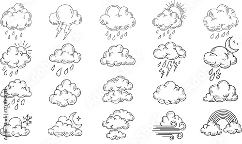 Weather Icons Doodle Set Representing Various Meteorological Conditions and Climate Phenomena for Design and Illustration Projects