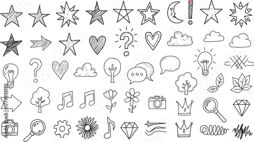 Doodle icon set with various symbols and shapes featuring stars hearts flowers clouds and objects drawn in black outline style on white background perfect for creative designs