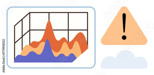 Chart with fluctuating data peaks and triangular alert with exclamation mark emphasizing warning. Ideal for analytics, risk management, decision making, monitoring, safety, forecasting, flat design