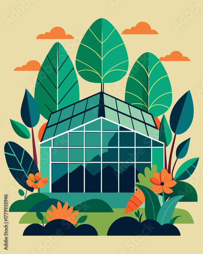 A botanical garden with solar panels cleverly disguised as giant leaves powering the greenhouse and conservatory.. Vector illustration
