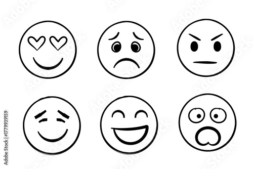 Simple Emoticon Faces Set — Line Art Emoji Expressions Collection. Hand drawn doodle emoticon set.