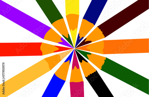 Color pencils arranged in a circular pattern like sun rays on white background. Concept of creativity, education, and art.