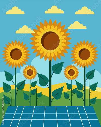 A field of sunflowers soaking up the suns rays are surrounded by rows of solar panels which power the irrigation system keeping them hydrated.. Vector illustration