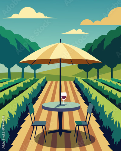 A lone umbrellashaded table amidst rows of g vines serving as a serene work setting in a scenic vineyard terrace.. Vector illustration