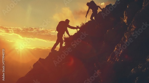 Climbers assisting each other on a rocky mountain at sunset