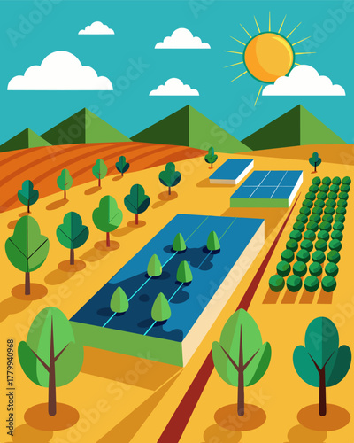 A dry barren plot of land transformed into a thriving farmland thanks to the implementation of a solarpowered irrigation system.. Vector illustration