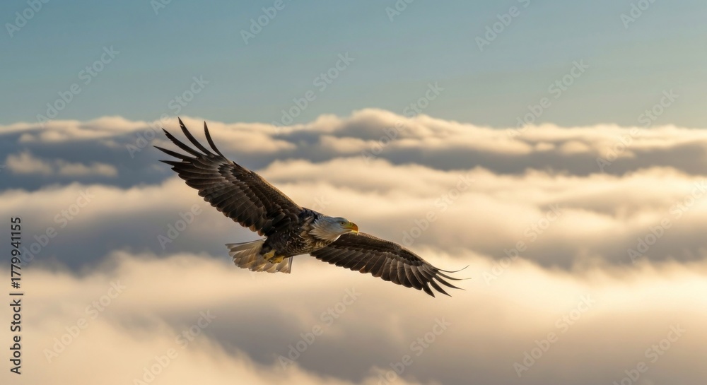 Obraz premium Majestic eagle soaring above a sea of clouds at sunrise