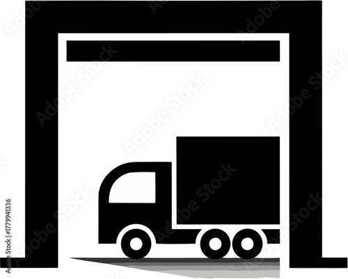 Silhouette of a truck entering a warehouse or garage, representing logistics and delivery services