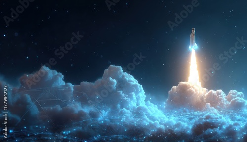 Rocket launch through glowing clouds into a dark starry sky.