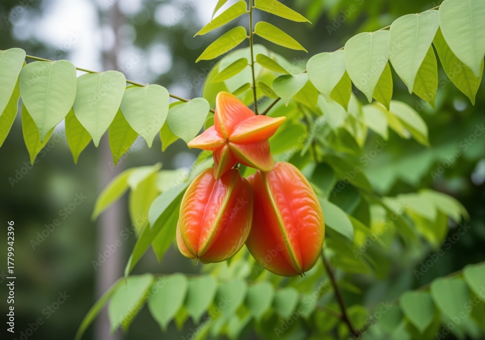 Obraz premium Vibrant orange starfruit carambola cluster growing on a tropical tree branch.